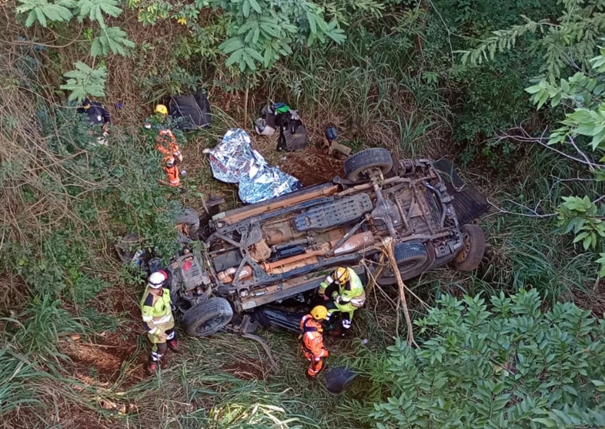 
Motorista morre após bater caminhonete em mureta e despencar de ponte na BR-262