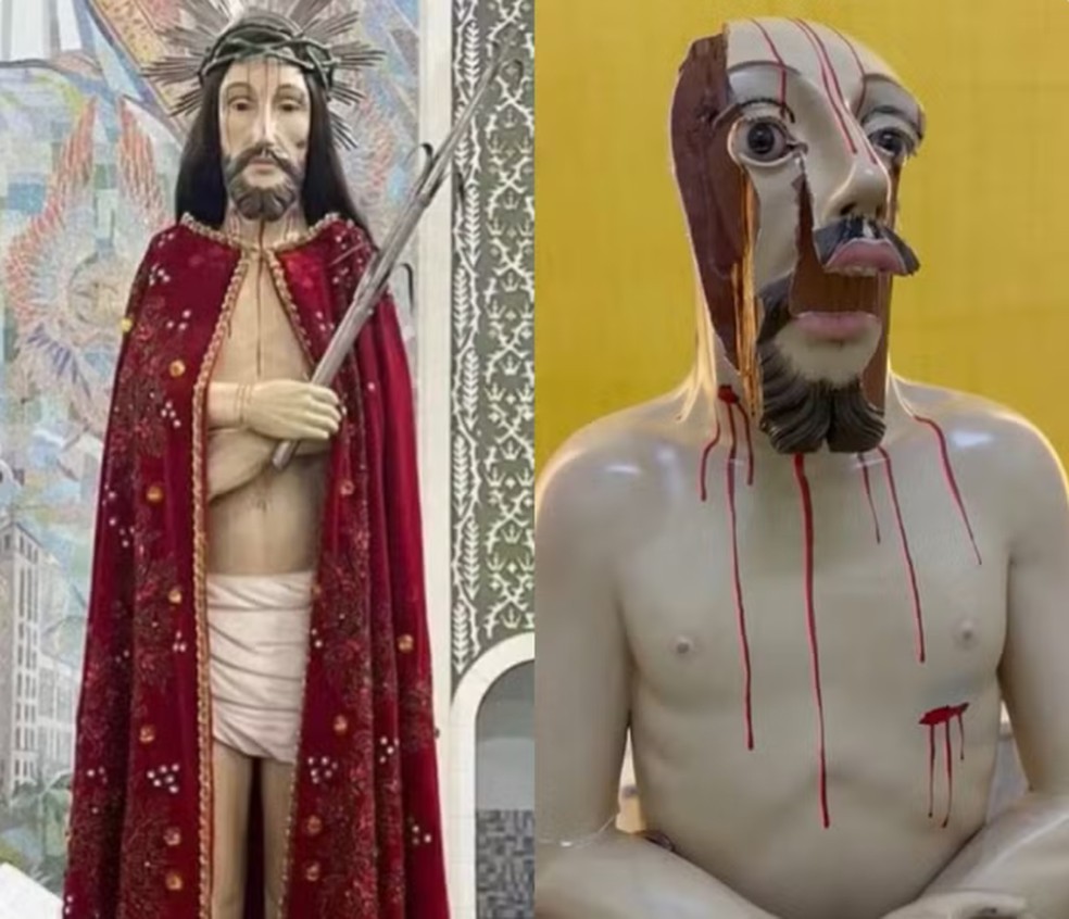 À esquerda, a imagem antes da queda e à direita, a estátua destruída — Foto: Reprodução