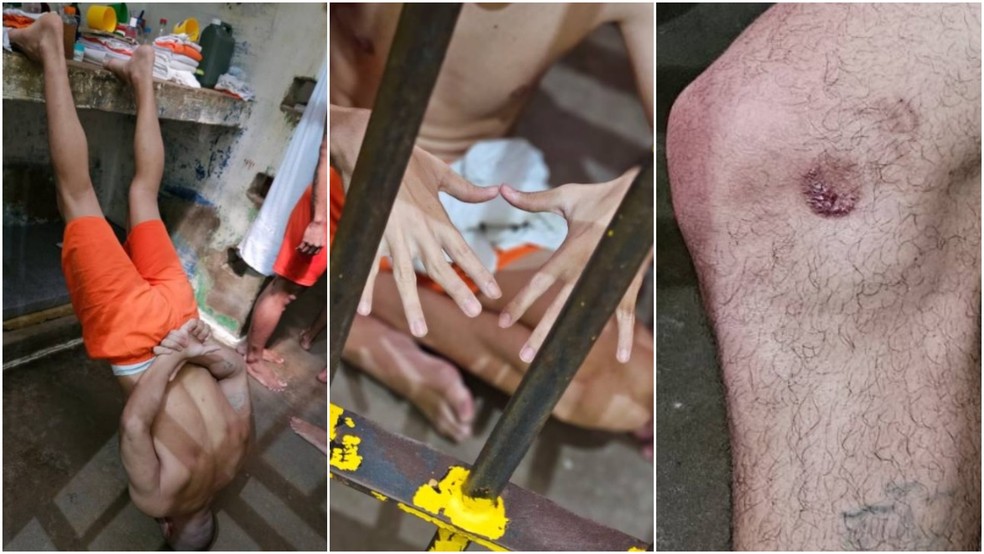 Presos no Ceará passam por sessões de tortura que incluem dedos quebradas e ter ficar de cabeça para baixo, equilibrado apenas pela testa — Foto: TV Verdes Mares/Reprodução