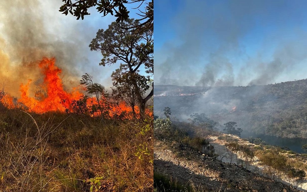 Incêndio queima vegetação na região dos cânions do Lago de Furnas — Foto: Corpo de Bombeiros