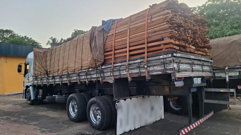 Dois caminhões com mais de 60 m³ de madeira ilegal são apreendidos na BR-316 em Presidente Médici
