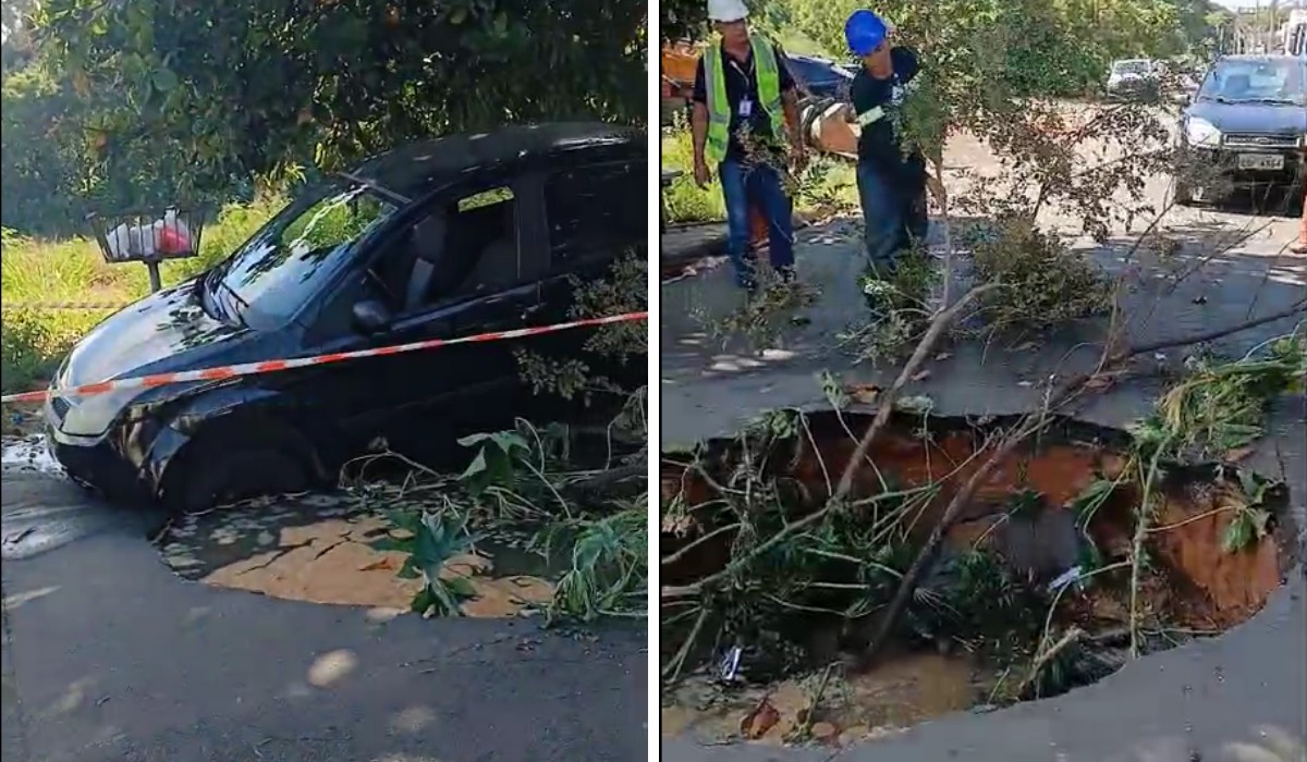 Carro de motorista de aplicativo fica preso em buraco após asfalto ceder em Hortolândia