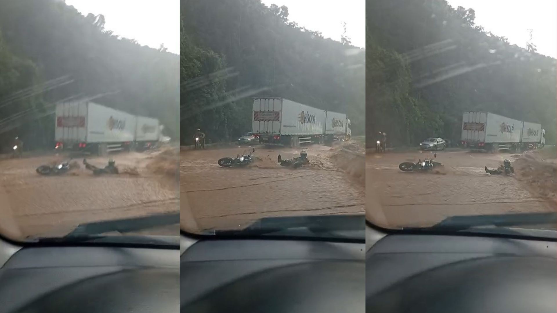 VÍDEO: motociclista cai e é arrastado por enxurrada na BR-262 durante chuva forte no ES