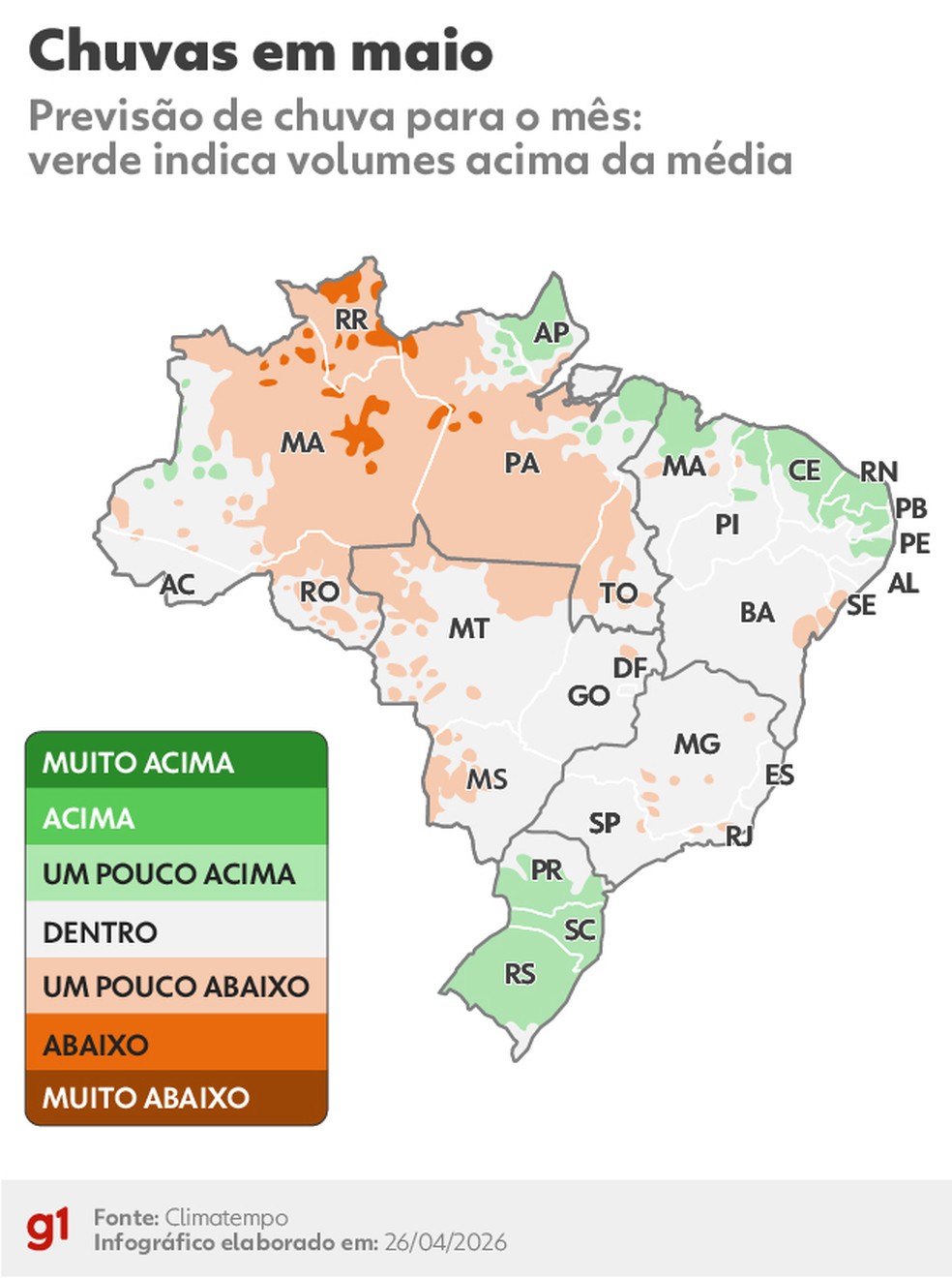 Como ficam as chuvas em maio. — Foto: Arte/g1 - Bruna Azevedo