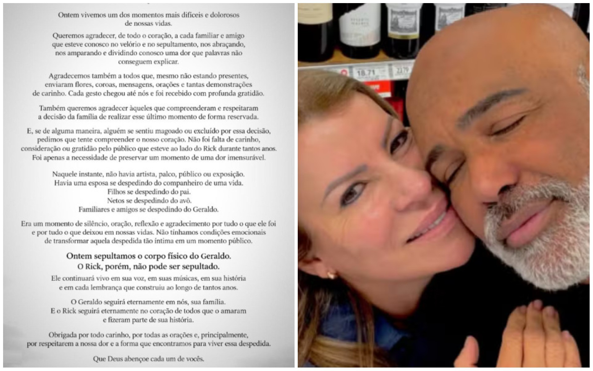 Viúva do cantor Rick publica carta para agradecer carinho de fãs e amigos após funeral: 'Seguirá eternamente no coração de todos'