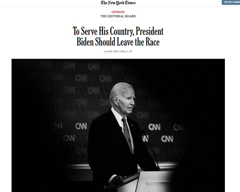 Editorial do jornal "The New York Times" pedindo que o presidente dos EUA, Joe Biden, desista de concorrer à reeleição, em 28 de junho de 2024. — Foto: Reprodução/ The New York Times