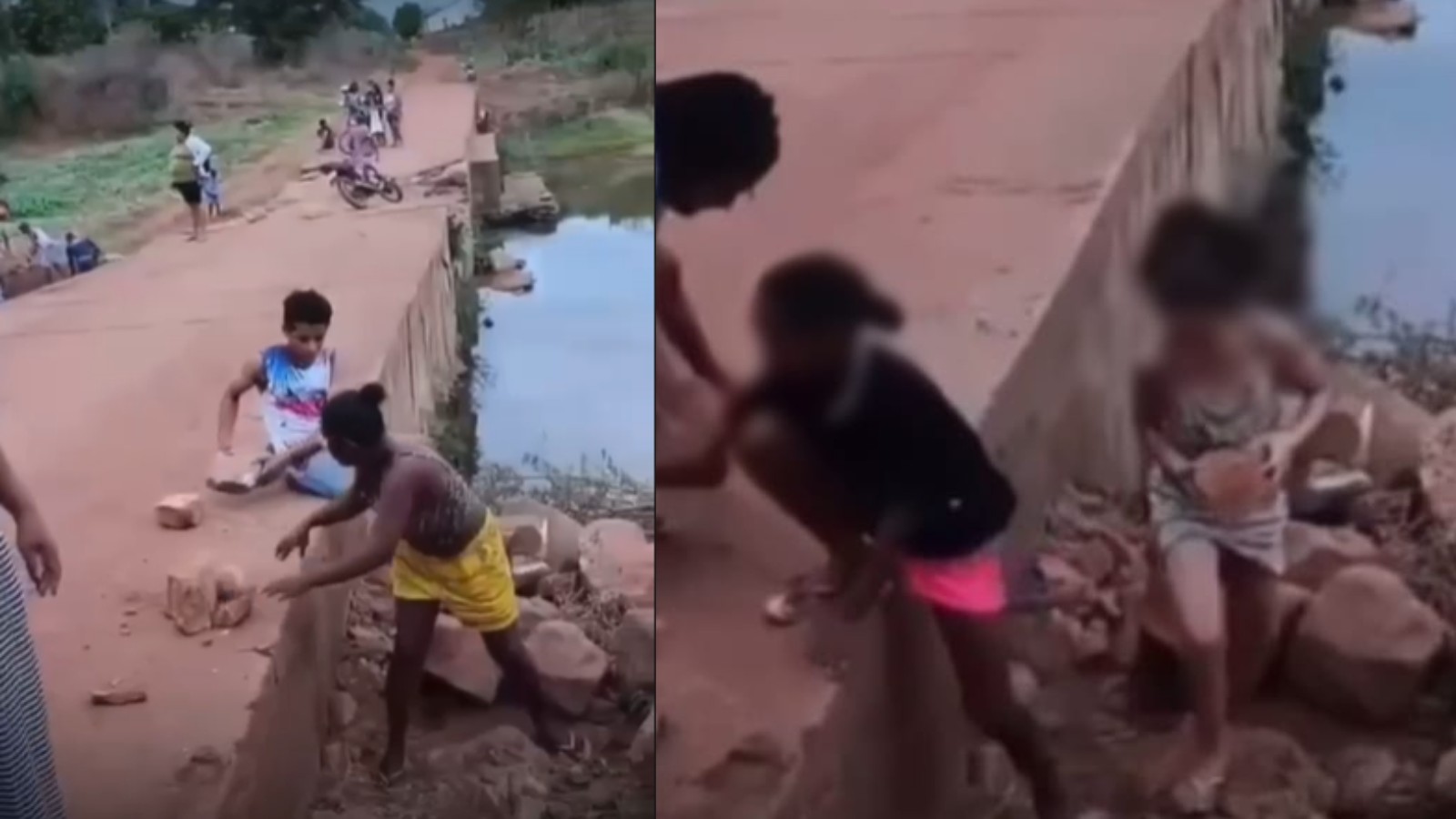 Pais e estudantes usam pedras para tapar buracos que impedem travessia de ônibus escolar em ponte no Piauí; VÍDEO