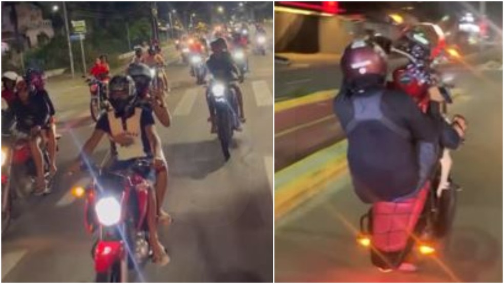Motociclistas realizaram "rolezinho" em Fortaleza com descargas adulteradas e desrespeito às leis de trânsito. — Foto: Reprodução