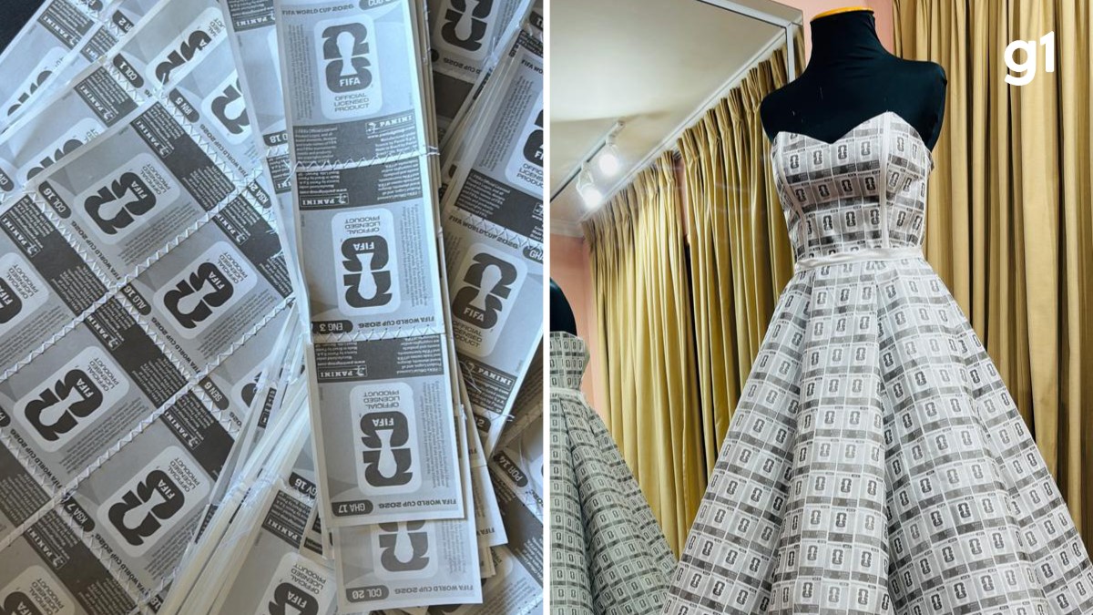 Estilista gaúcha cria vestido de noiva com quase 3 mil figurinhas do álbum da Copa inspirada em coleção da filha