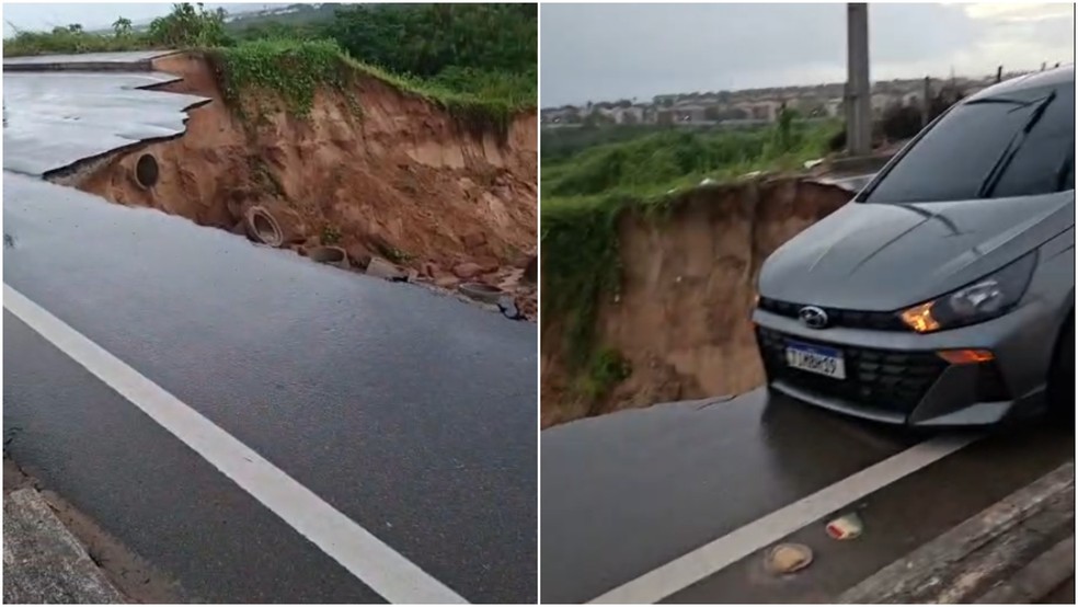 Estrada que liga Fortaleza a Eusébio cede com forte chuva e engole carro e motos — Foto: Reprodução