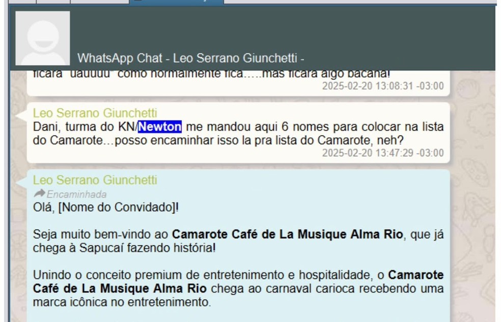 Troca de mensagens em que operador de viagens de Daniel Vorcaro se refere a "Turma do KN" — Foto: Reprodução