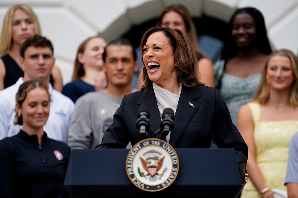 Kamala Harris durante discurso na Casa Branca, em 22 de julho de 2024 — Foto: REUTERS/Nathan Howard
