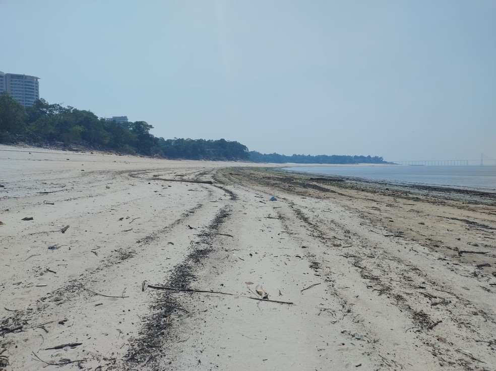 Praia da Ponta Negra de Manaus em 28 de outubro de 2023, data em que o Rio Negro voltou a subir após registrar seca recorde — Foto: Jussara Cury/CPRM