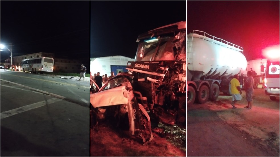 Acidente com dois carros, um ônibus e uma carreta deixou três feridos e dois mortos no Ceará — Foto: Reprodução