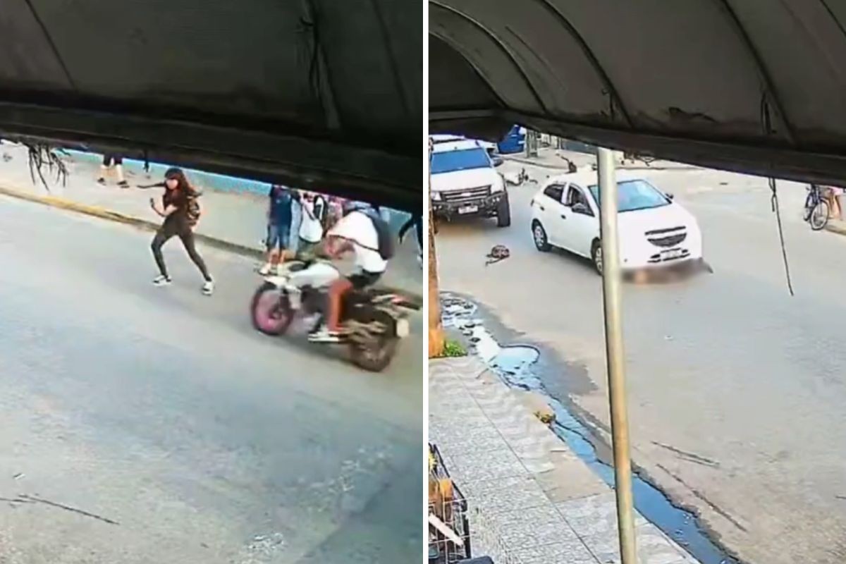 Adolescente é atropelada por moto na saída da escola no litoral de SP; VÍDEO
