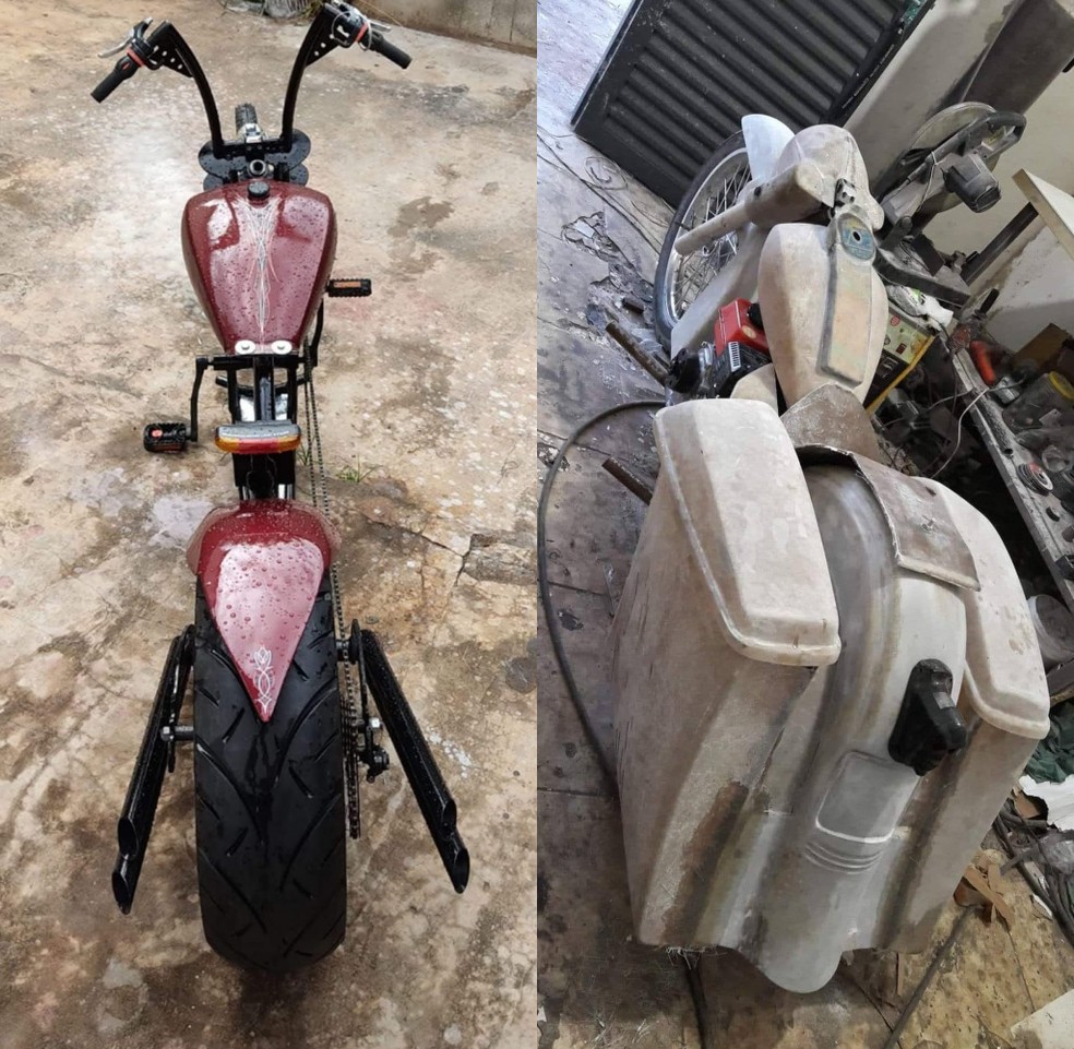 Na esquerda &eacute; uma das bicicletas do John finalizada na vers&atilde;o pedal e na direita &eacute; uma durante o processo &mdash; Foto: John Campes/Arquivo Pessoal