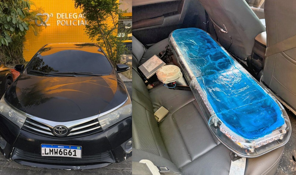 Um Corolla foi clonado para parecer uma viatura da Polícia Civil; tinha até giroflex — Foto: Reprodução/TV Globo