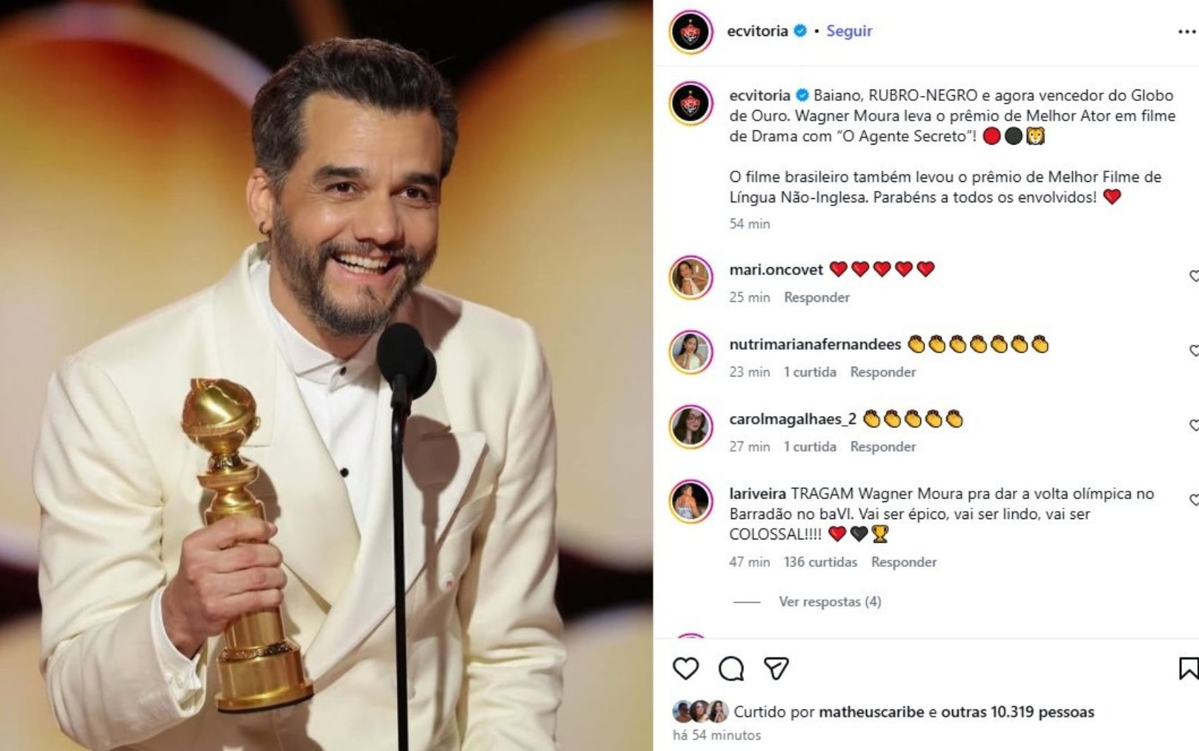 Bahia manda recado a Wagner Moura, torcedor do rival Vitória, por Globo de Ouro