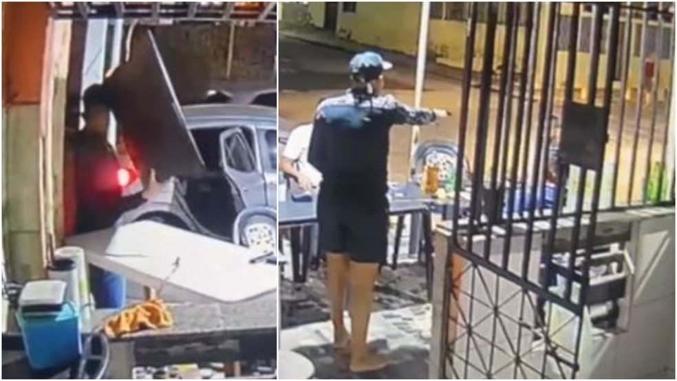 Assaltantes renderam clientes e roubaram TV e aparelhos celulares em espetinho no Bairro Aerolândia, em Fortaleza. — Foto: Reprodução