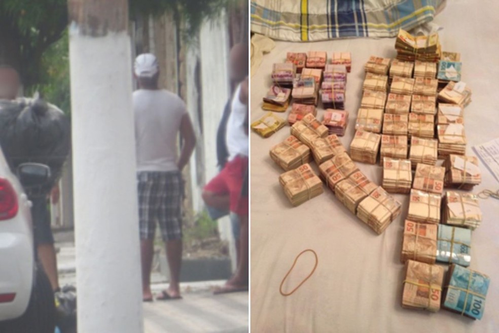 À esquerda, dois GCMs e um dos envolvidos nas proximidades da sede da organização em Praia Grande (SP). À direita, mais de R$ 370 mil encontrado na casa do homem tetraplégico — Foto: g1 Santos