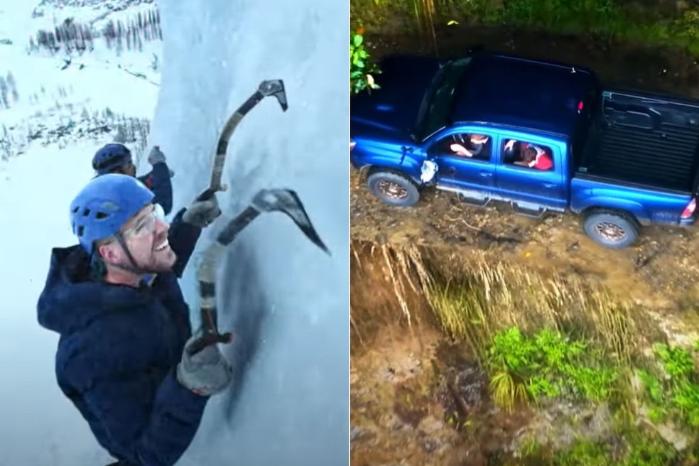MrBeast escalou uma cachoeira congelada e dirigiu uma estrada a centímetros de um precipício — Foto: Reprodução/YouTube