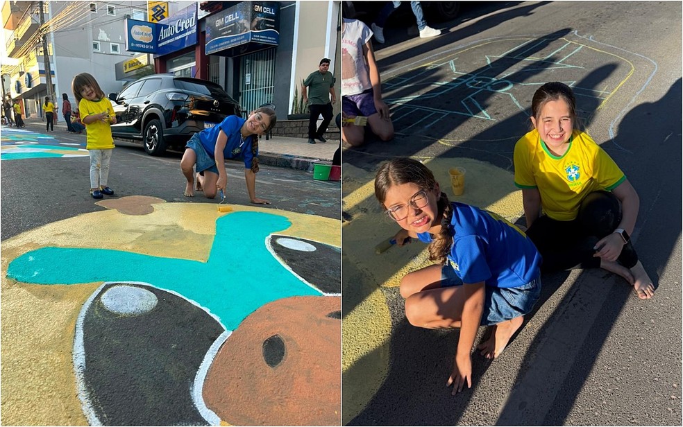 Mariana levou a filha e as sobrinhas para ajudar nas pinturas da rua — Foto: Mariana Oliveira