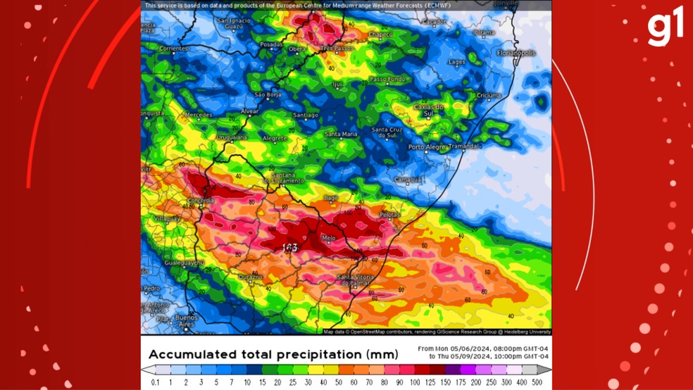 Mapa com previsão de chuva para o RS a partir de quarta (8) — Foto: Reprodução/Governo do RS