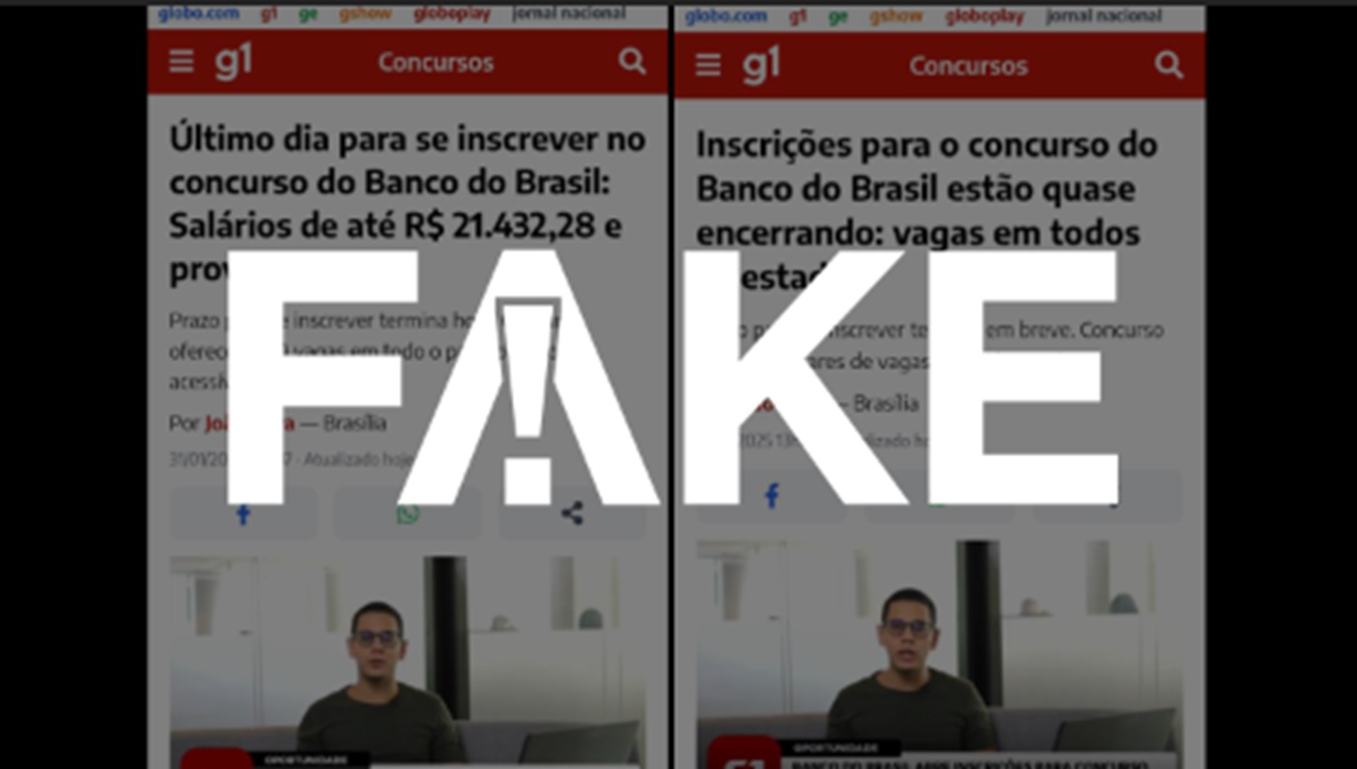 É #FAKE que g1 publicou reportagens sobre concurso do Banco do Brasil perto do fim das inscrições; trata-se de golpe