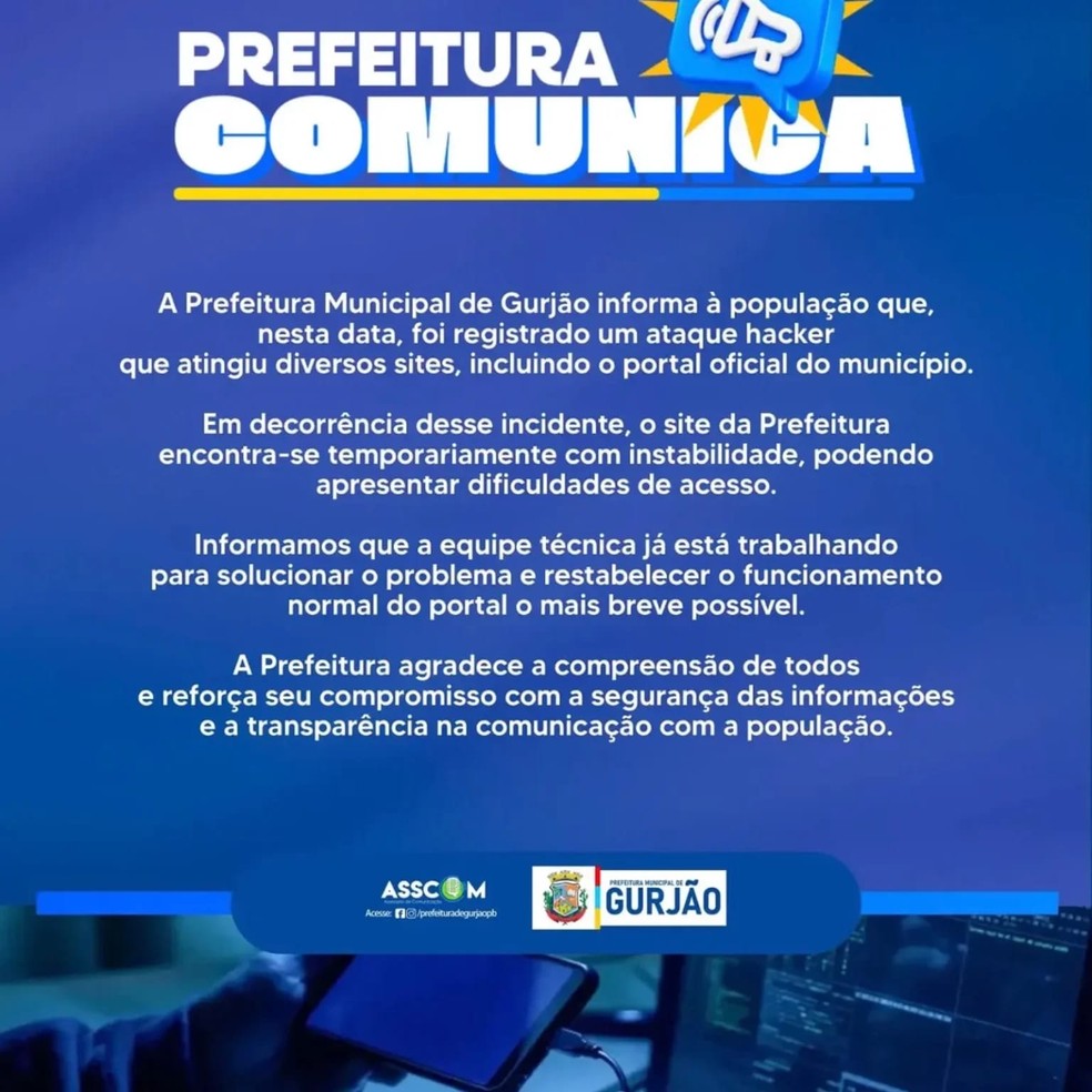 Site da Prefeitura de Gurjão sofre ataque hacker e apresenta instabilidade — Foto: Reprodução/Redes Sociais