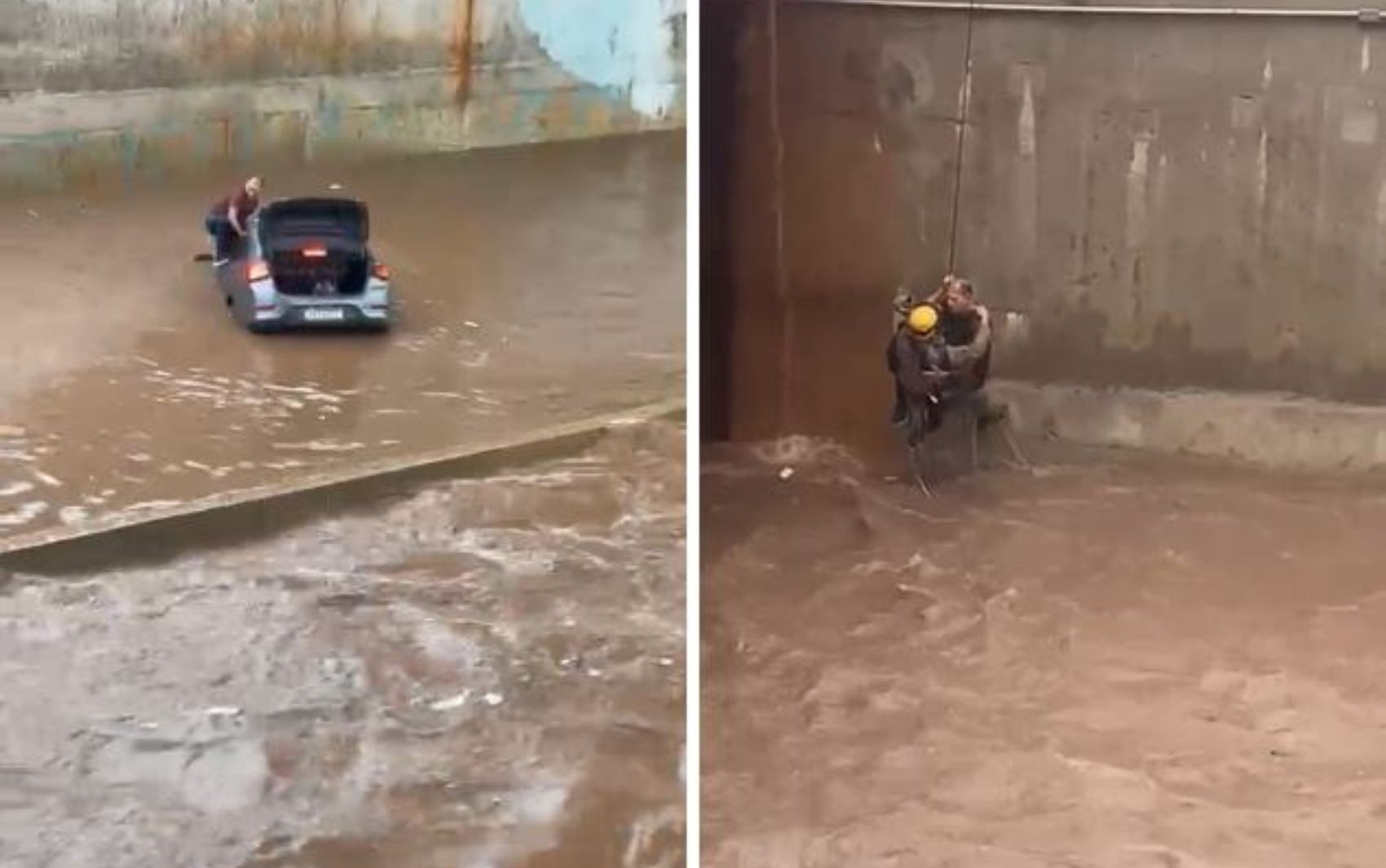 Vídeo mostra resgate de motorista que ficou com carro ilhado na Marginal Botafogo durante chuva forte