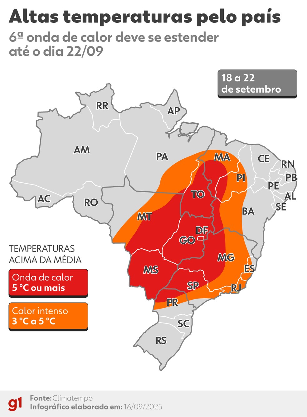 Onda de calor deve se estender até o dia 22 de setembro. — Foto: Inmet/Reprodução
