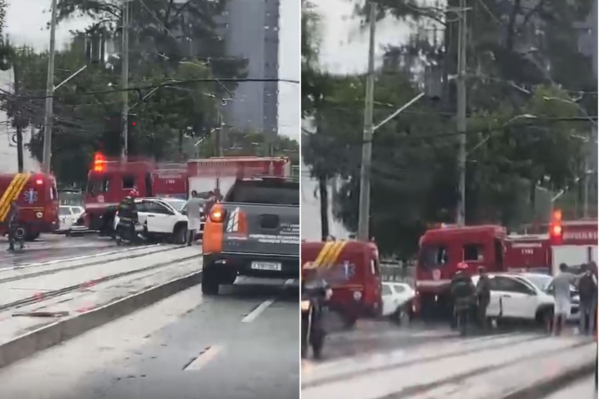 Motorista fica presa em carro após acidente de trânsito em Santos, SP