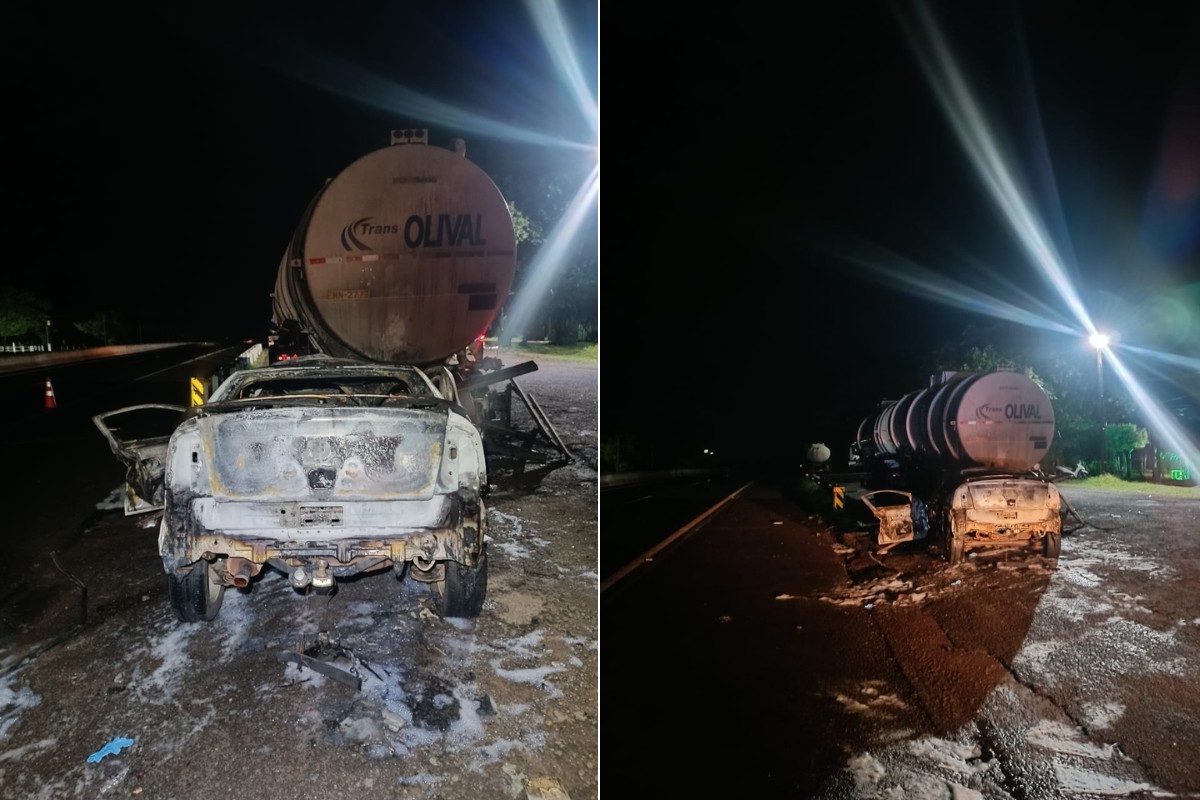 Estudante morre carbonizado após carro bater em carreta na SP-425 em Presidente Prudente