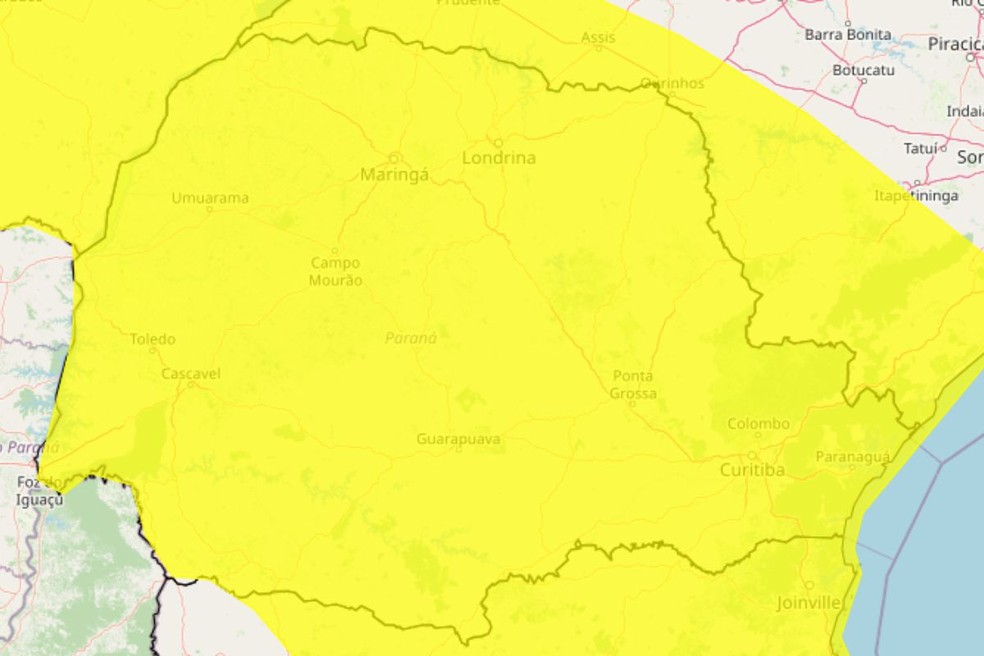Todo o Paran&aacute; est&aacute; sob aviso de tempestade nesta sexta-feira (9). &mdash; Foto: Reprodu&ccedil;&atilde;o/Inmet