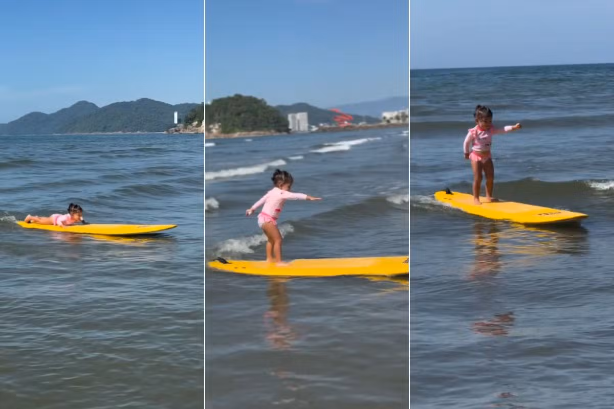 'Mini surfista' de 2 anos viraliza nas redes sociais ao pegar ondas no litoral de SP; VÍDEO