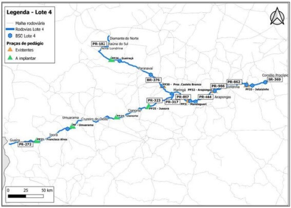 Mapa divulgado com a rodovias do lote 4. — Foto: ANTT