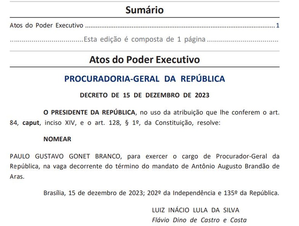 Diário Oficial da União com a nomeação formal de Paulo Gonet como novo procurador-geral da República — Foto: Reprodução