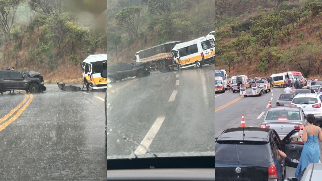 Acidente entre van escolar e carro deixa feridos na BR-381, na Grande BH