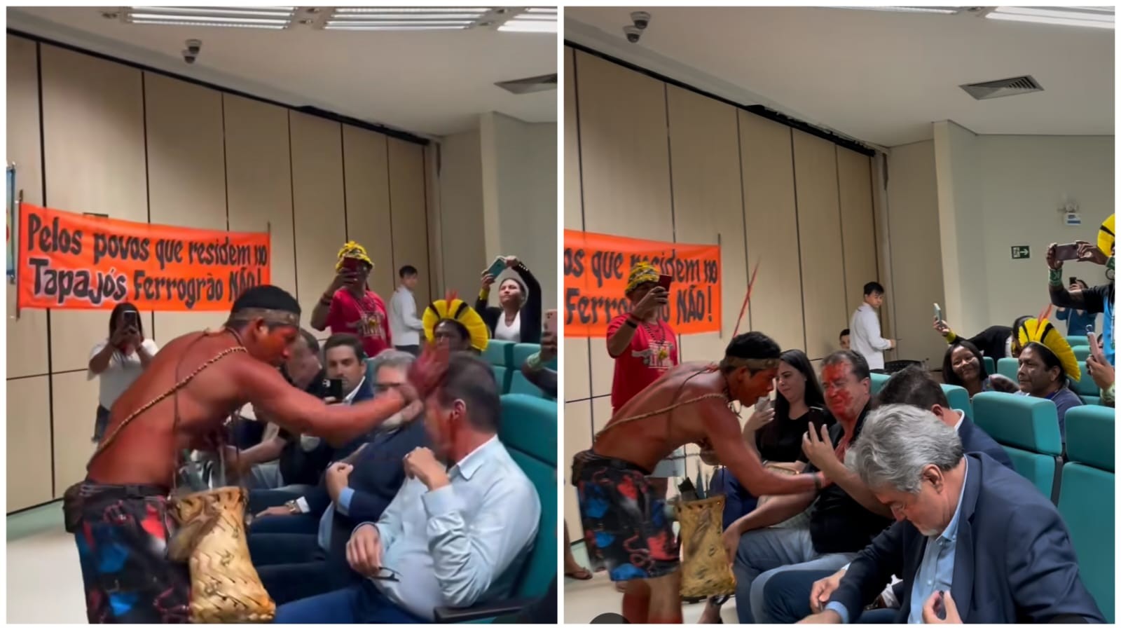 Durante protesto, indígena kumaruara passa tinta de urucum no rosto de defensores da Ferrogrão; VÍDEO