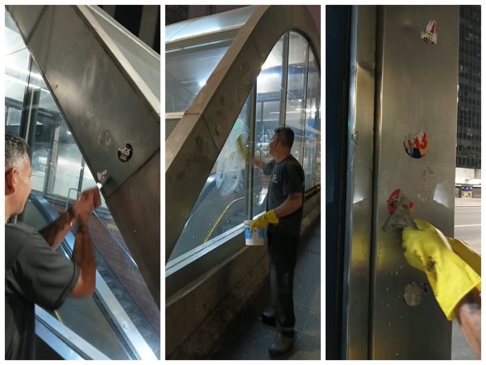 Funcionário realiza limpeza da estação Trianon-Masp após ato. — Foto: Montagem/Divulgação/Metrô