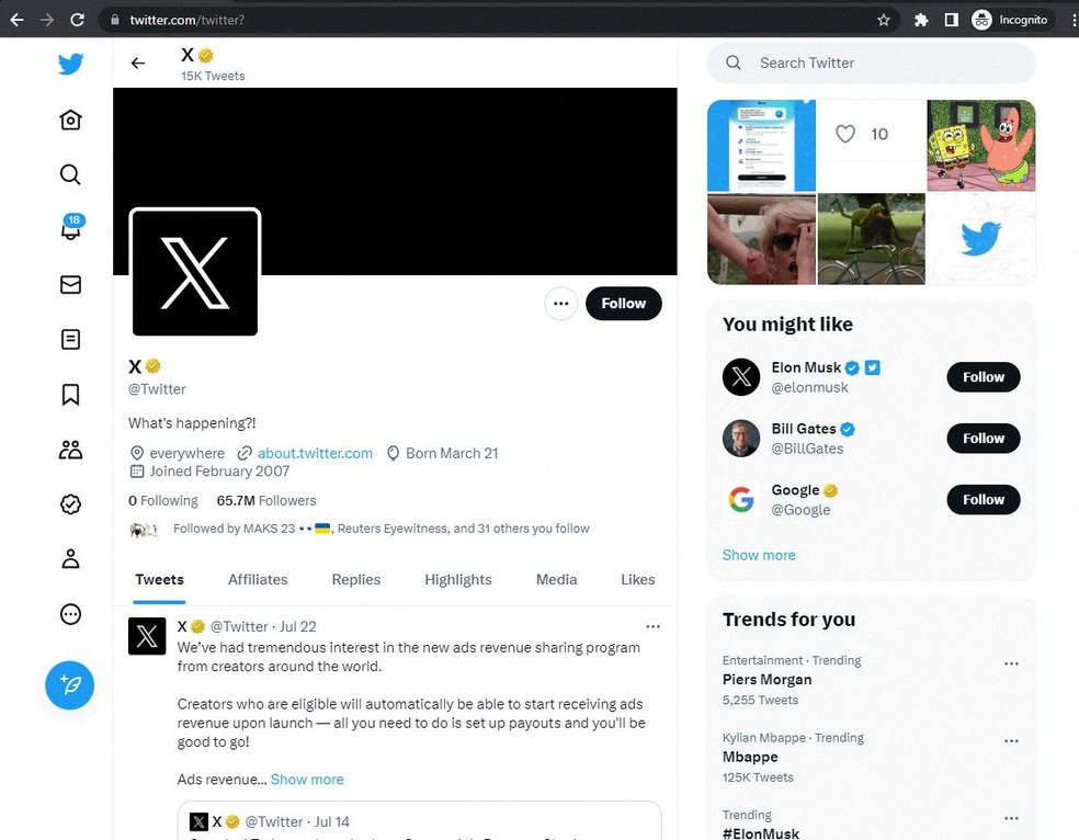 Uma captura de tela da página oficial do Twitter com um "X" na imagem do perfil é vista em 23 de julho de 2023. — Foto: Reuters