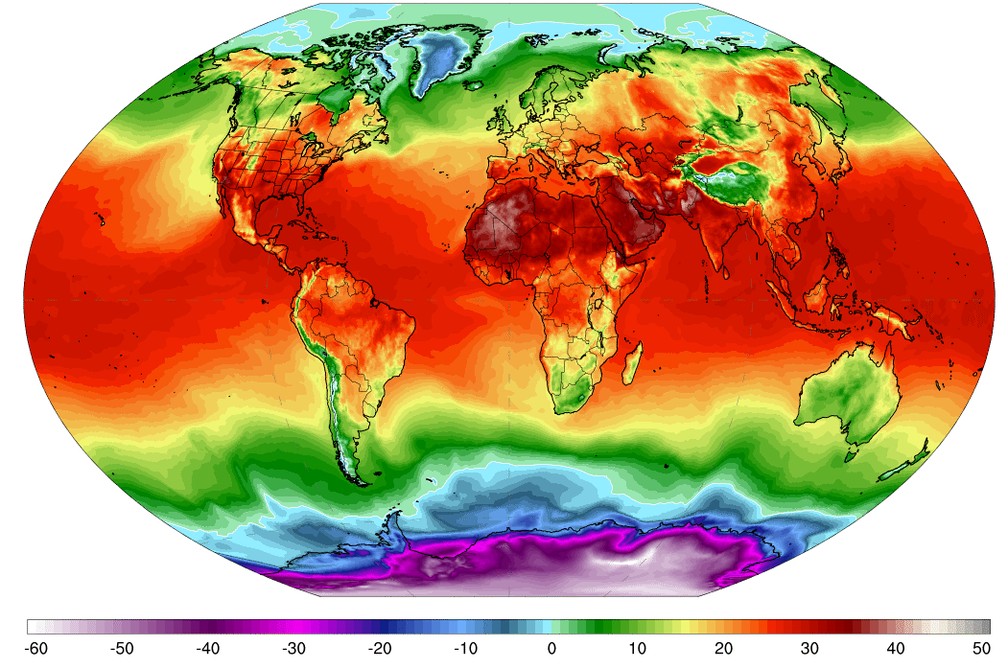 Mapa de calor do Climate Reanalyzer da Universidade do Maine mostra a temperatura média global no último dia 3 de julho de 2023 — Foto: Climate Reanalyzer