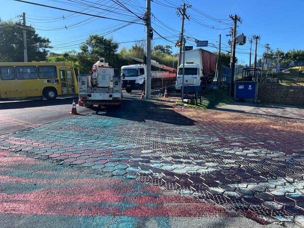 Carreta bateu em poste e carga de corante se espalhou por ruas e córrego de Jundiaí (SP); gansos e patos ficaram azuis — Foto: Regis Rosa/TV TEM