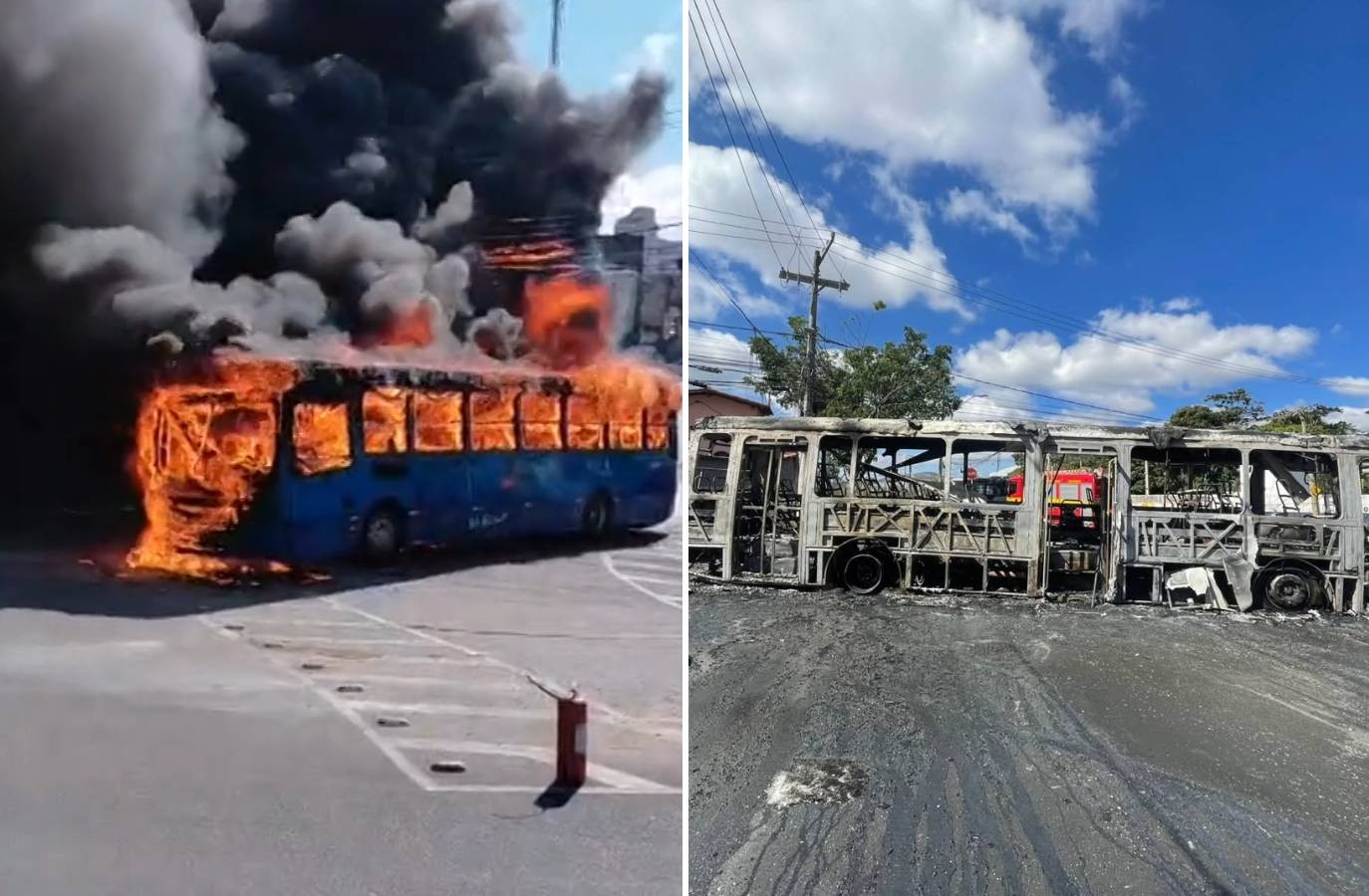 Ônibus fica destruído após pegar fogo em BH; vídeo mostra incêndio
