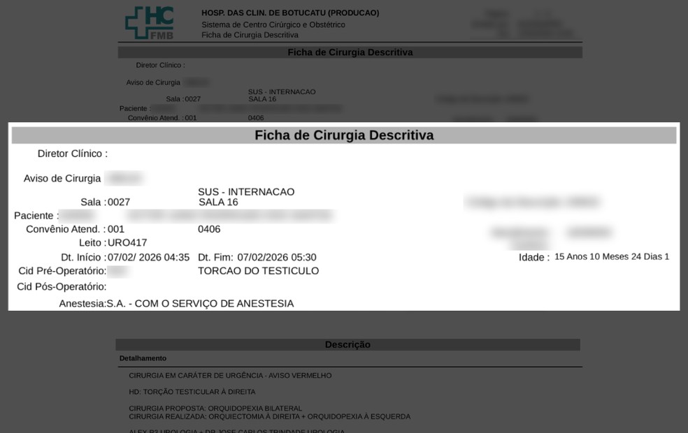 Ficha de atendimento cirúrgico de jovem de 15 anos em Botucatu (SP) — Foto: Reprodução