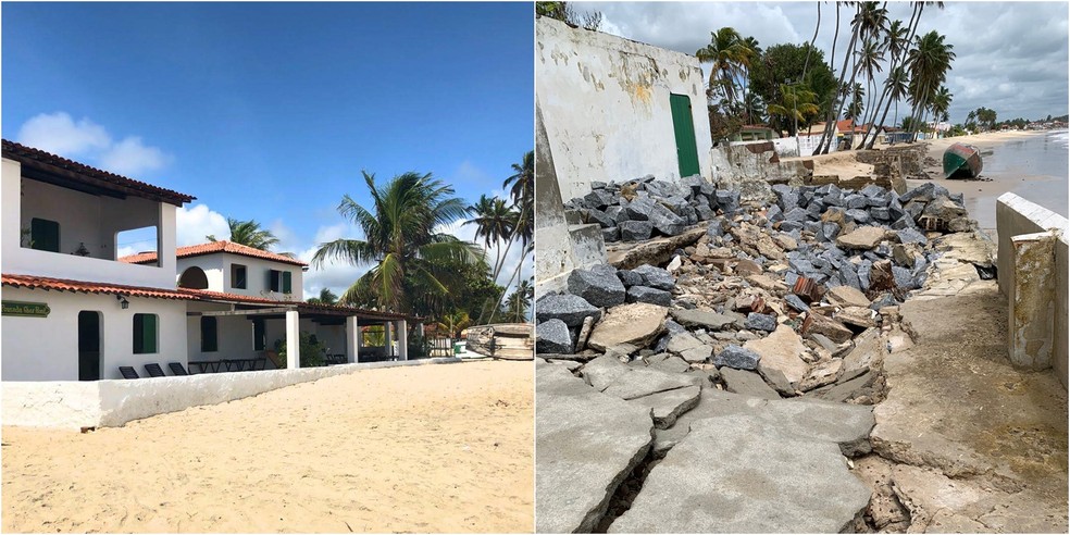 Foto mostra antes e depois de pousada à beira-mar de Baía da Traição; empresária Wyara Lelgouarch teve que fechar estabelecimento por não conseguir bancar constantes reformas de grande porte — Foto: Wyara Lelgouarch/Arquivo pessoal