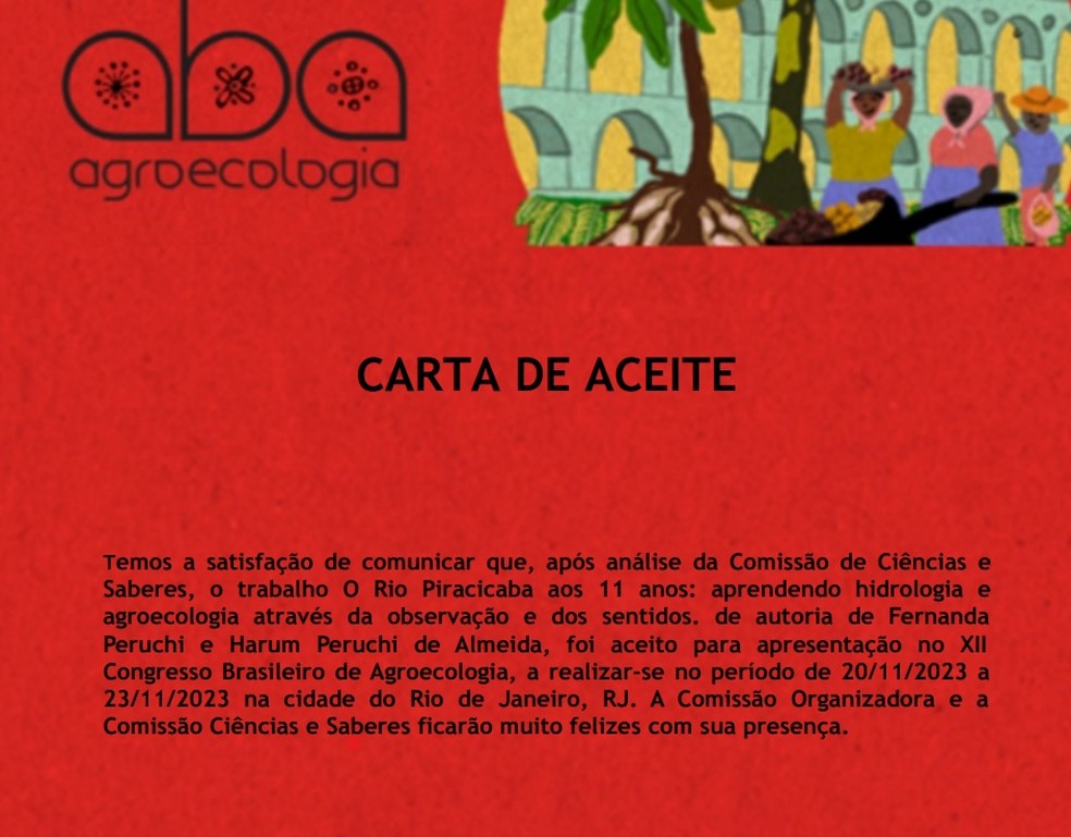 Carta aceite de trabalho enviado ao 12º Congresso Brasileiro de Agroecologia — Foto: Reprodução