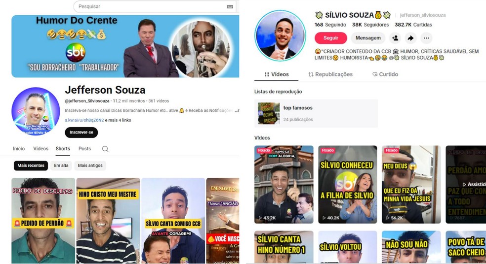 Páginas de Jefferson Souza no YouTube e no TikTok nas quais critica a CCB e fez vídeos sensualizando fiéis a partir de IA — Foto: Reprodução/Arquivo pessoal