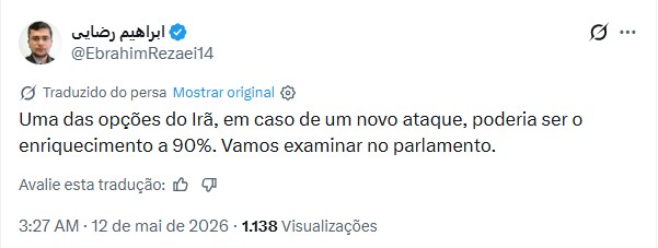 Irã ameaça enriquecer urânio a 90% se sofrer novos ataques dos EUA, afirma porta-voz do parlamento