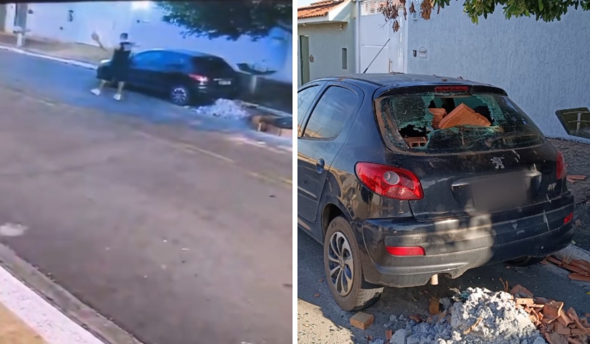 VÍDEO: Câmera registra homem arremessando tijolos em carros em Cordeirópolis